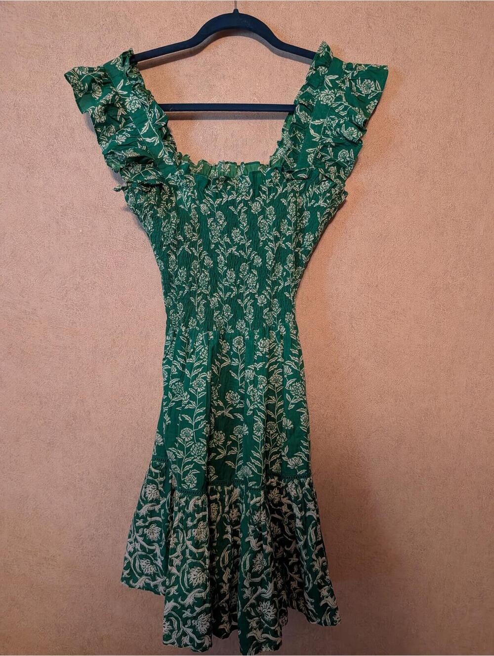 RO'S GARDEN green white shirred ruffle tiered mini dress sz XS - Picture 6 of 6